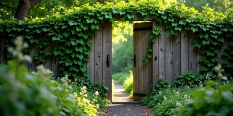 Wooden Gate Ajar, Revealing a Serene Path Through Lush Greenery and Blooming Flora