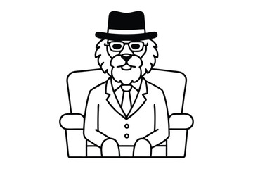 A dapper lion wearing a fedora and glasses, sitting on a leather chair line art illustration.eps