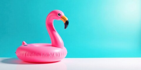 Fototapeta premium Pink Flamingo Inflatable Ring on a Bright Teal Background, Perfect for Summer Vacation Themes and Relaxation Imagery
