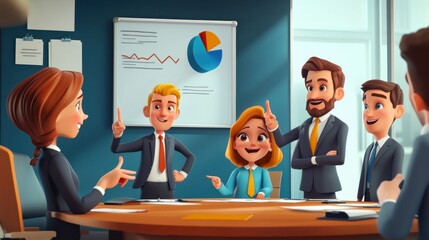 Cartoon style meeting with a group of animated characters around a conference table, one character pointing at a pie chart on the wall