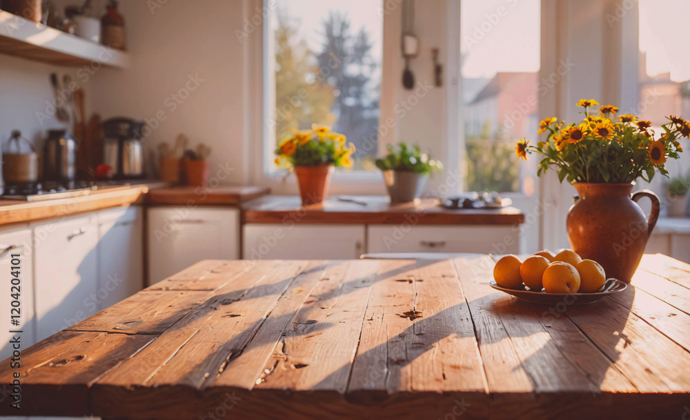 Poster a wooden table with a vase of flowers and a plate of oranges. the table is in a kitchen with a windo