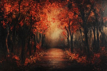 Fototapeta premium Autumnal Path Through a Dark Forest of Crimson Hues