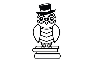 A stylish owl wearing a bowler hat and round glasses, perched on a book stack line art illustration.eps