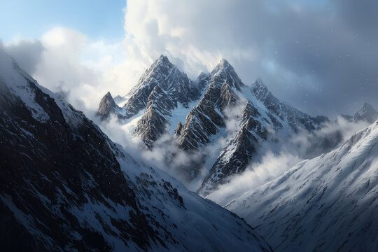 Fierce winter storm over rugged mountain range high altitude landscape photography snowy environment dramatic viewpoint - Powered by Adobe
