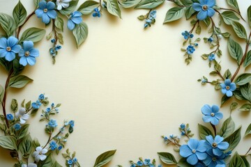 Delicate blue flowers and leaves form a beautiful natural border on a soft yellow background, creating an artistic frame for any creative project