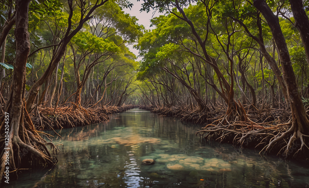 Poster a river with trees on either side. the water is clear and calm. the trees are green and tall