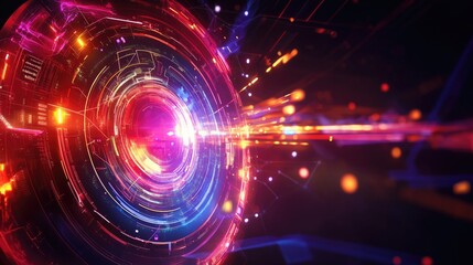 Obraz premium Vibrant and dynamic circular digital pattern with bright red, pink, blue and orange hues. Glowing lines and dots creating a high - tech and futuristic visual effect.