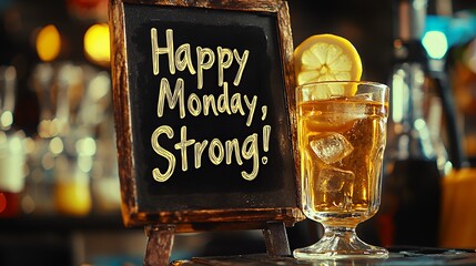 Happy Monday Cheers!  A refreshing cocktail garnished with lemon, perfect for starting the week strong at a cozy bar.