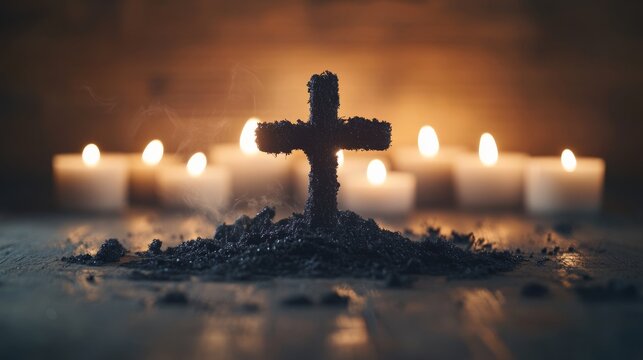 Cross made from ashes for Ash Wednesday with candles in serene light on dark wood background - Powered by Adobe