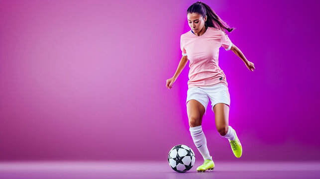 Dynamic Female Soccer Player in Action on Vibrant Background, Female soccer player in studio concept.