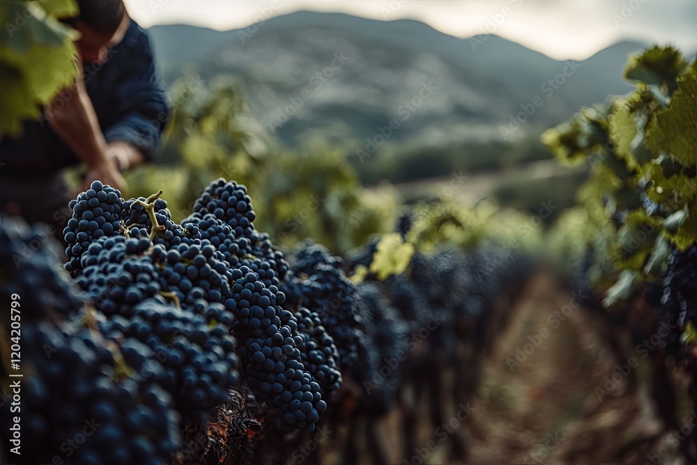 Poster close-up of winemaker inspecting grape clusters in vineyard with blurred mountains creating depth