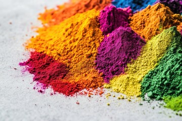 close-up of vibrant mix of holi powders in variety of bright colors resting on smooth white surface