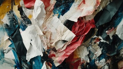 A fragmented collage of paper, fabric, and paint layers in a chaotic yet cohesive composition