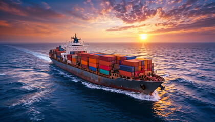Obraz premium Cargo Ship Navigating Sunset Waters With Colorful Containers