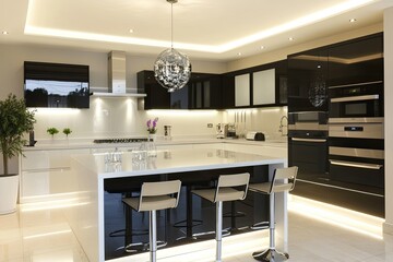 Fototapeta premium contemporary kitchen with under-cabinet led lighting creating vibrant and functional atmosphere