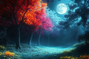 Autumnal Forest Moonlight Night Scene With Colorful Trees