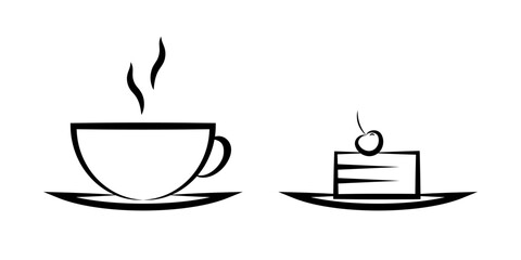 A cup of tea and a cake line icon in flat. A cup of coffee or tea and cherry cheesecake symbol on white Coffee with cherry pie icon in black Vector illustration for graphic design, Web, UI, mobile app