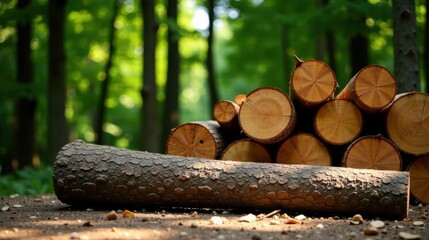 A sunlit forest scene featuring a large, rough-textured log lying next to a neatly stacked pile of freshly cut logs, suggesting logging activity and the beauty of nature's raw materials.
