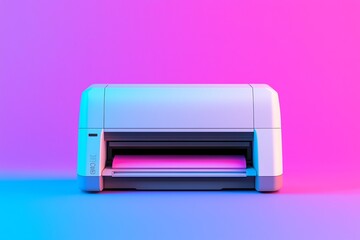 Modern printer with vibrant lighting against a colorful background.