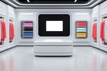 Obraz premium Modern retail store interior showcasing colorful clothing displays and sleek design.