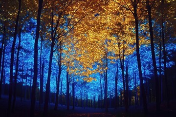 Illuminated Forest Path Blue And Gold Canopy