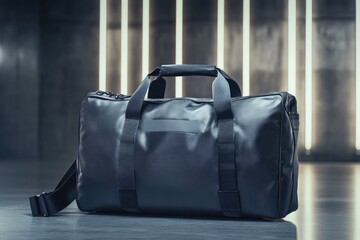 detailed view of gym bag with modern branding placed on minimalist surface with soft lighting and copy space