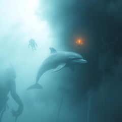 Fototapeta premium Dolphin, divers, and mysterious underwater scene.