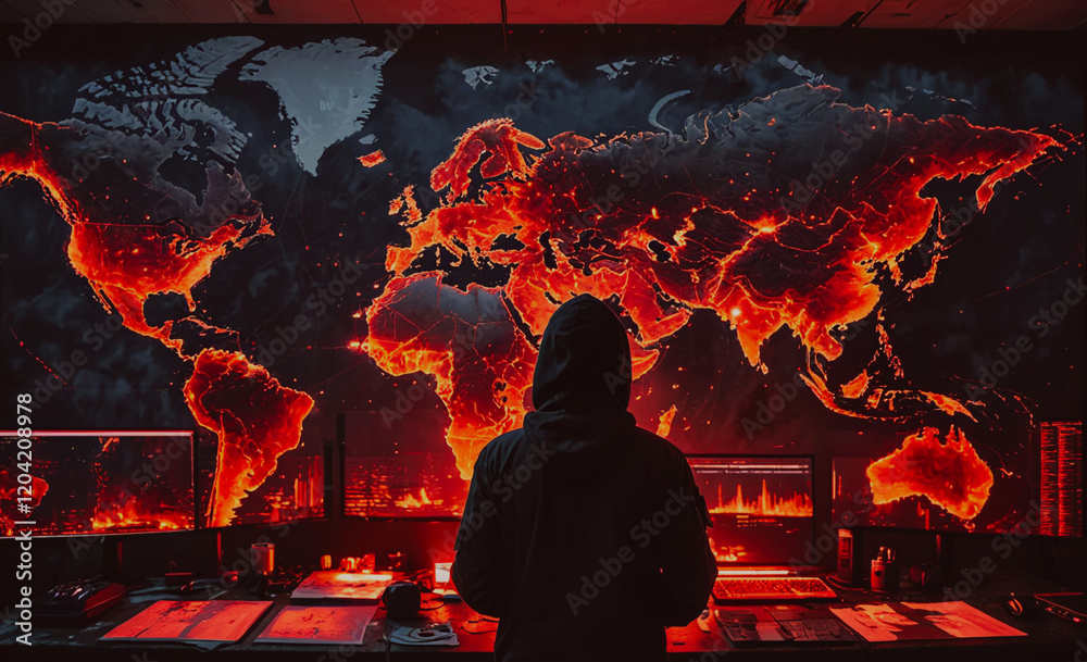 Aufkleber A man is sitting in front of a computer monitor with a red globe on the screen. The globe is surrounded by fire, giving the impression of a burning world. The man is wearing a black hoodie and he is