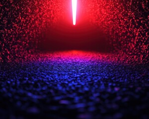 A captivating interplay of red and blue light beams creates a vibrant atmosphere, illuminating fine particles in a dark, textured environment.