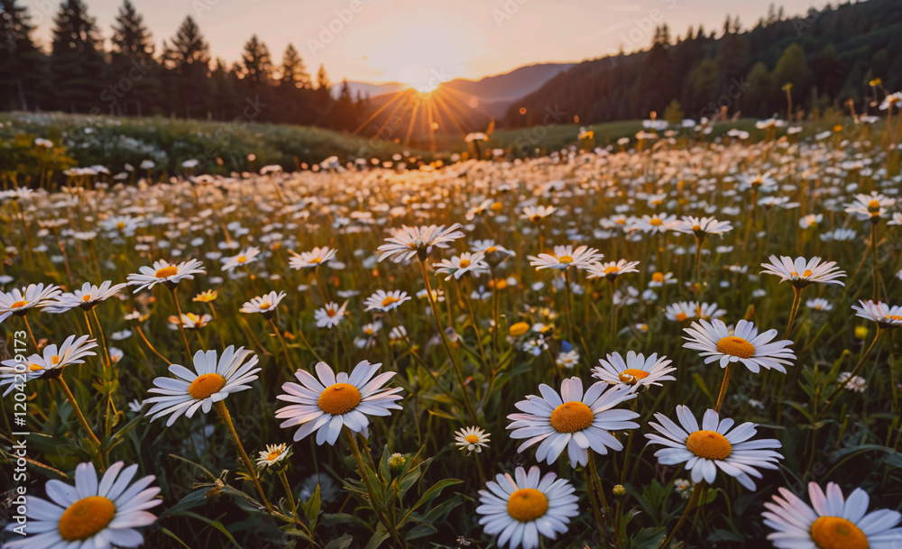 Poster A field of white flowers with the sun shining on them. The sun is in the background and the flowers are scattered throughout the field