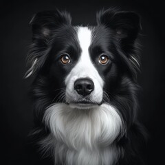 Close-up portrait of Border Collie with striking amber eyes on black background