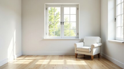 Serene Minimalist Room Interior Design Featuring Sunlight Through a Large Window and a Comfortable Armchair