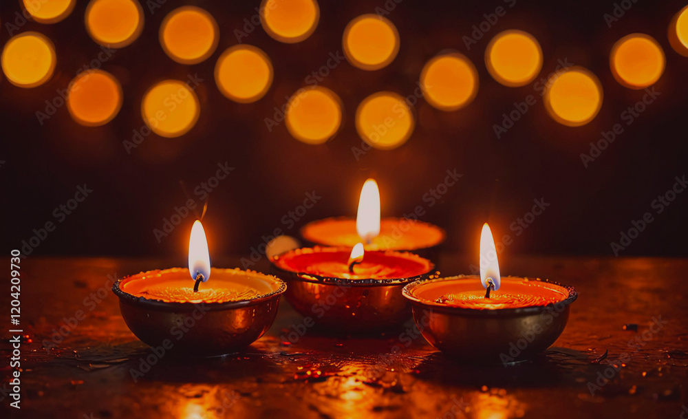 Poster three candles are lit and placed in a row on a table. the candles are orange and the table is dark. 