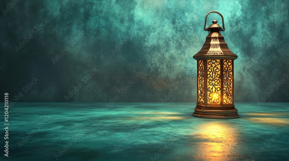 Poster glowing lantern casting intricate patterns on smooth turquoise surface