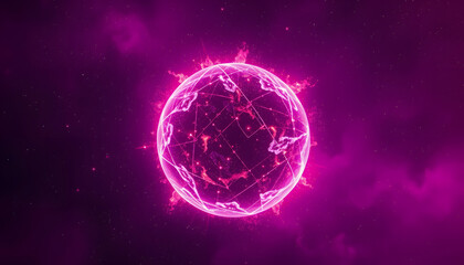 planet in space, Magical energy sphere with neon particles and flames in purple and pink  dark background, with white tones