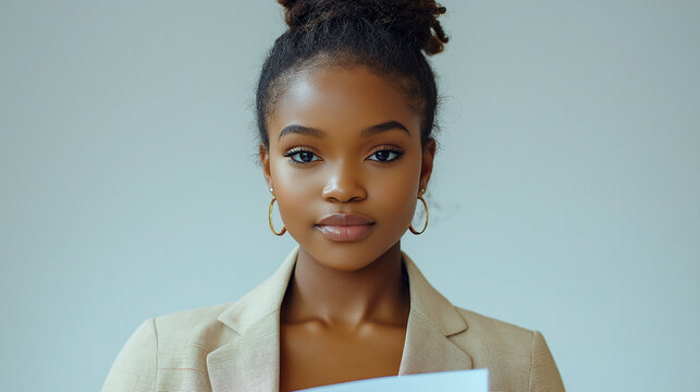 Young financial analyst in a fitted blazer, holding a graph report