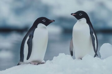 Obraz premium Two adelie penguins standing on ice floe in antarctica