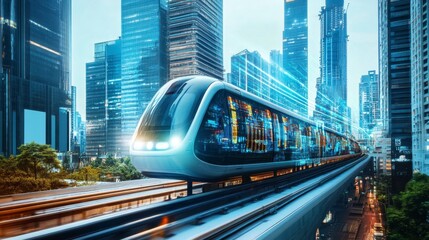 A futuristic monorail gliding through a high-tech city with skyscrapers and holograms