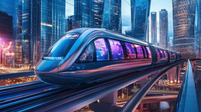 A futuristic monorail gliding through a high-tech city with skyscrapers and holograms