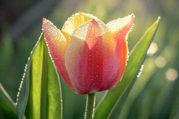 macro shot of dew-covered tulip its vibrant petals glowing in soft morning sunlight