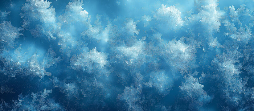Frozen pattern on winter window. Blue ice winter background, texture blue wallpaper. Banner of fozen blue background.