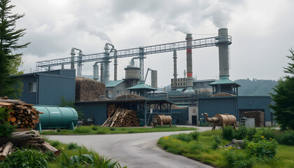 Obraz premium Biomass energy factory. The station uses waste wood biomass as an energy source, and provides electricity and heat. Ecological recycling factory, dreamy atmosphere, with white tones