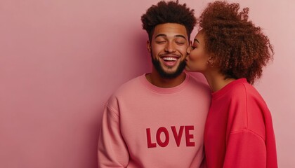 Couple sharing a joyful moment with love in a pink setting