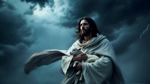 Jesus Christ, the Good Shepherd, Comforts a Lamb Amidst a Stormy Sky