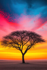 Obraz premium Silhouette, A silhouette of a lone tree against a vibrant, fiery sunset, showcasing high fidelity detail and rich colors in a stunning landscape composition.