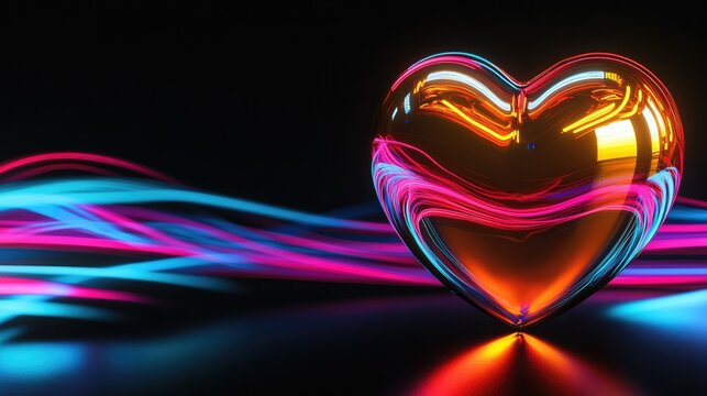 reflective heart ornament glowing softly on black background with vibrant neon light trails