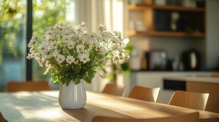 Stylish dining room decor, close-up of modern chairs and table with fresh flowers, elegant and bright dining area