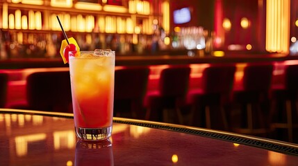 serene view of cocktail served at elegant casino bar illuminated by soft lighting with velvet barstools in background