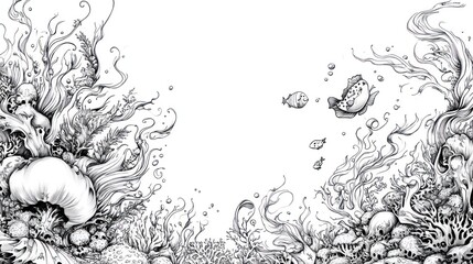 Detailed Undersea Sketch with Fish, Skulls, and Corals in Black and White on White Background