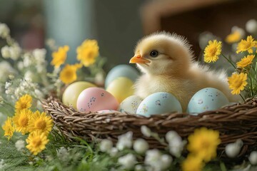 Cute baby chick sitting in nest with easter eggs and flowers